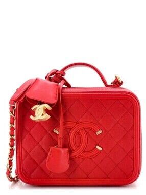 Like New! Authenticated CHANEL Small CC Filigree Vanity Case Red Caviar Leather